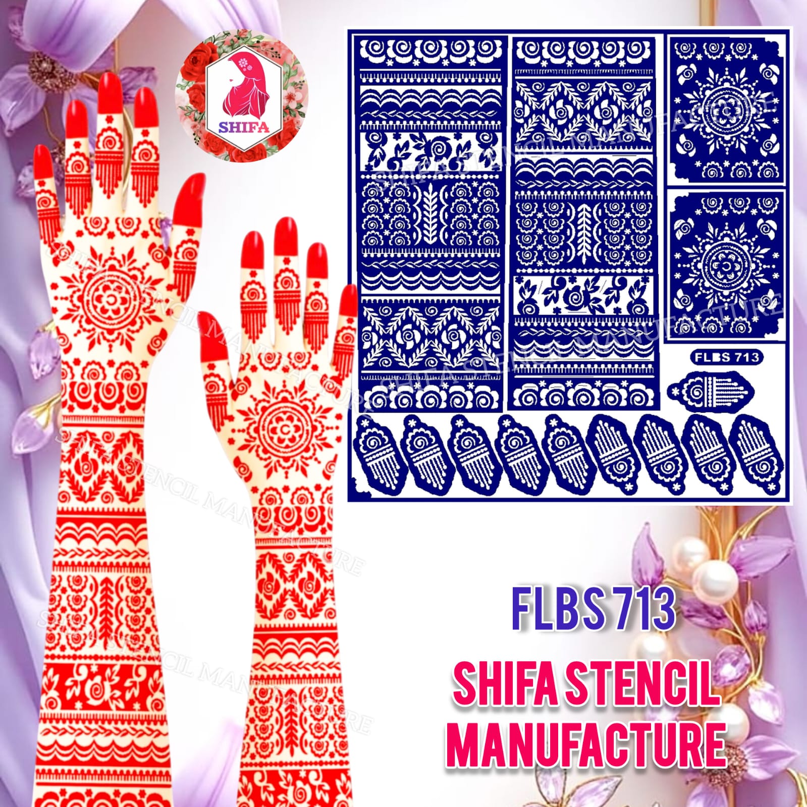 FLBS 713 Vintage Flower Hand Template Sticker Overview Henna Stencil - Shifa Stencil